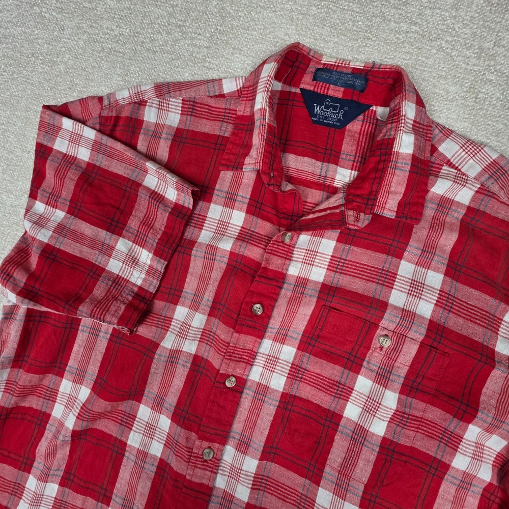 VTG Woolrich Mens Large Red White Plaid Short Sleeve‎ Cotton Button Down Shirt